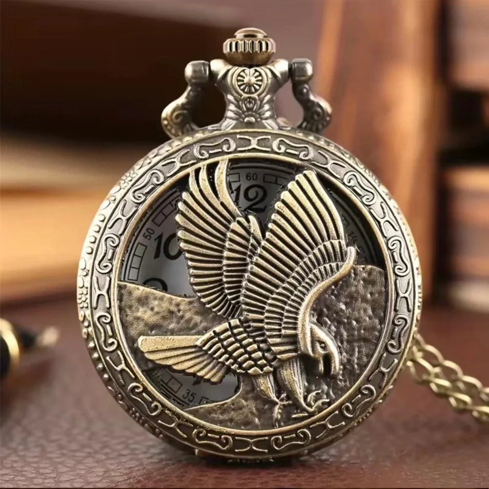 Eagle Wings Retro Nostalgic Hollow Necklace Pocket Watch,Antique Bronze